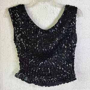 Vintage Susan Thomas Black Sequin Cropped Vest Top Women's Size 12 Glam